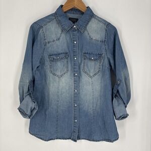 Cavalini Womens Chambray Denim Top Size M Pearl Snap Western Rodeo Cowgirl
